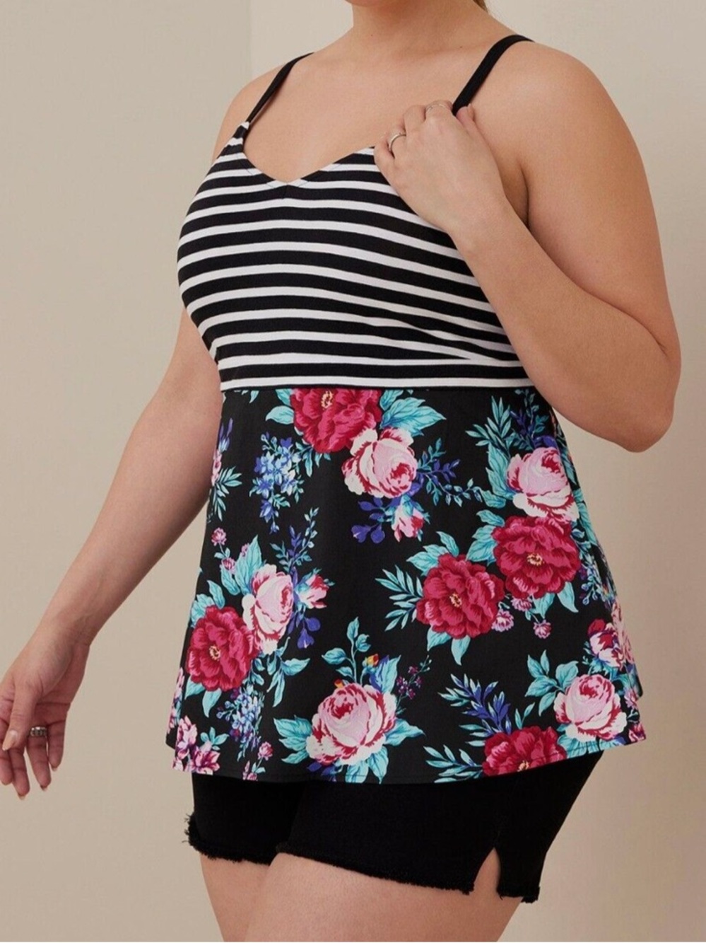 torrid Black Striped Bodice Floral Babydoll Cami